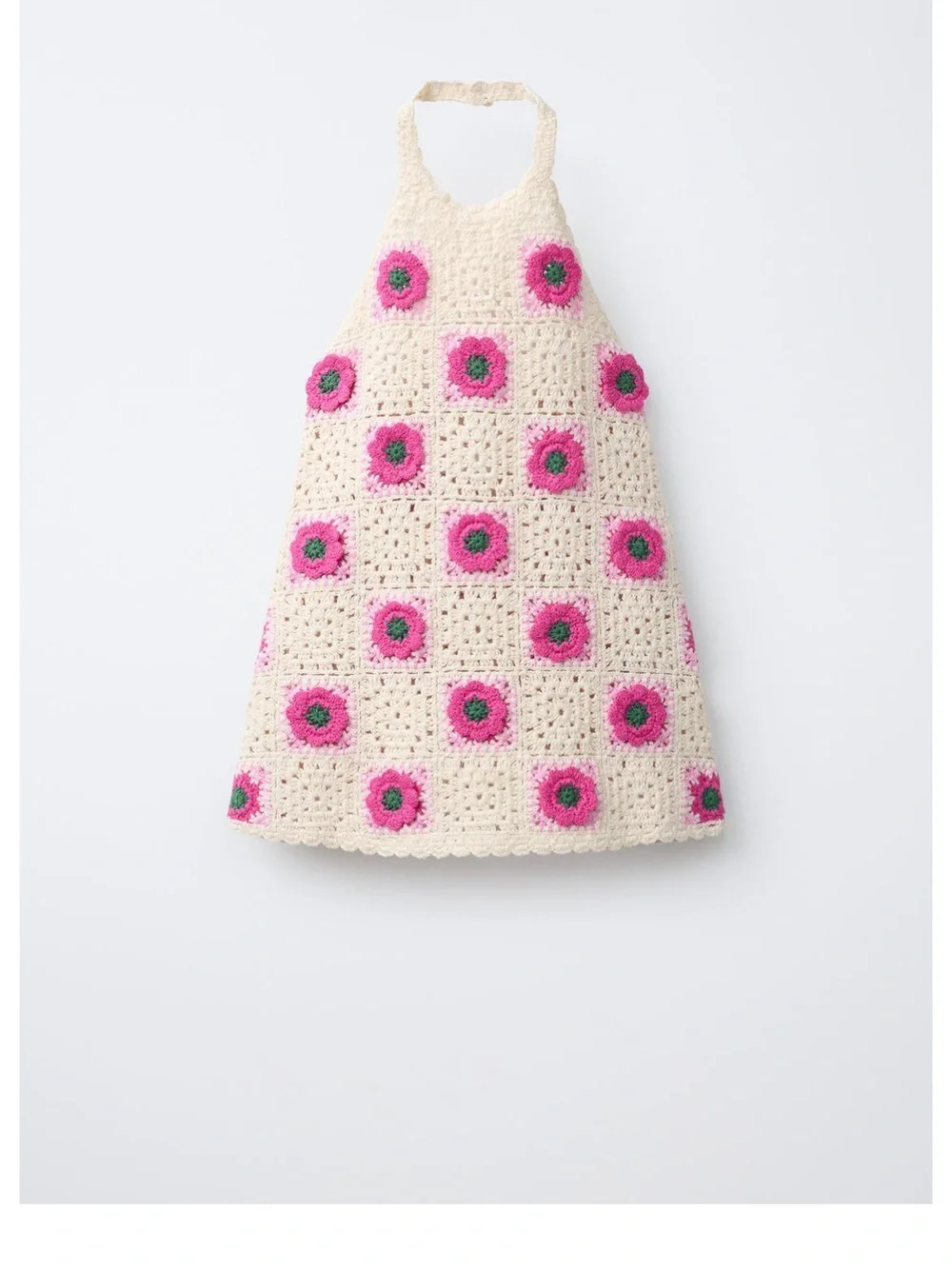 Zara Cream Crochet Halter Dress with Pink Flowers and Green Centers